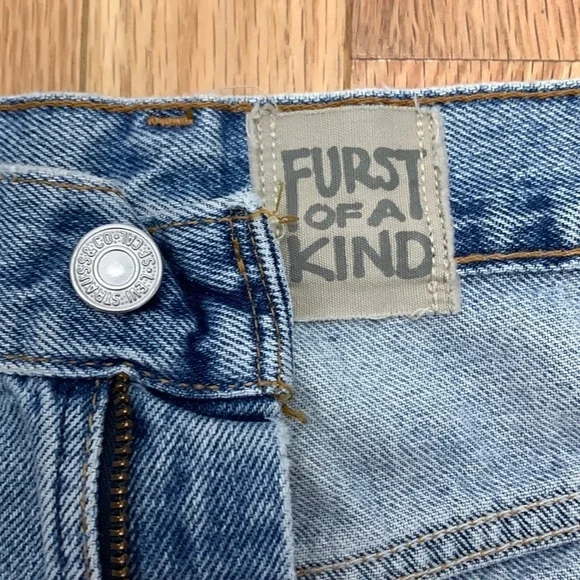 FURST OF A KIND Distressed Denim Skirt White Stripe Ripped Raw Hem Blue Jeans - Picture 6 of 6